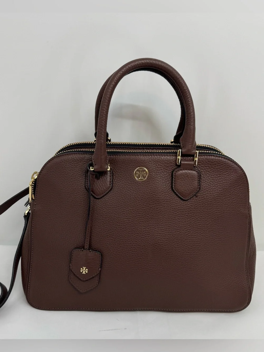 Tory Burch Robinson Pebbled Leather Triple Compartment Choco Brown Bag